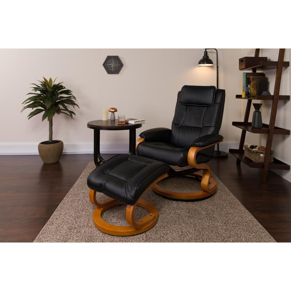 Contemporary Adjustable Recliner and Ottoman with Swivel Maple Wood Base in Black LeatherSoft. Picture 7