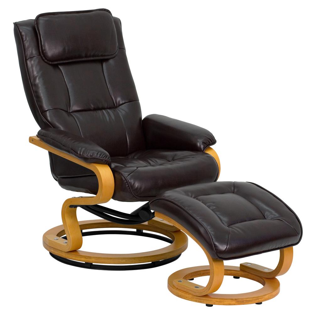 Contemporary Adjustable Recliner and Ottoman with Swivel Maple Wood Base in Brown LeatherSoft. The main picture.