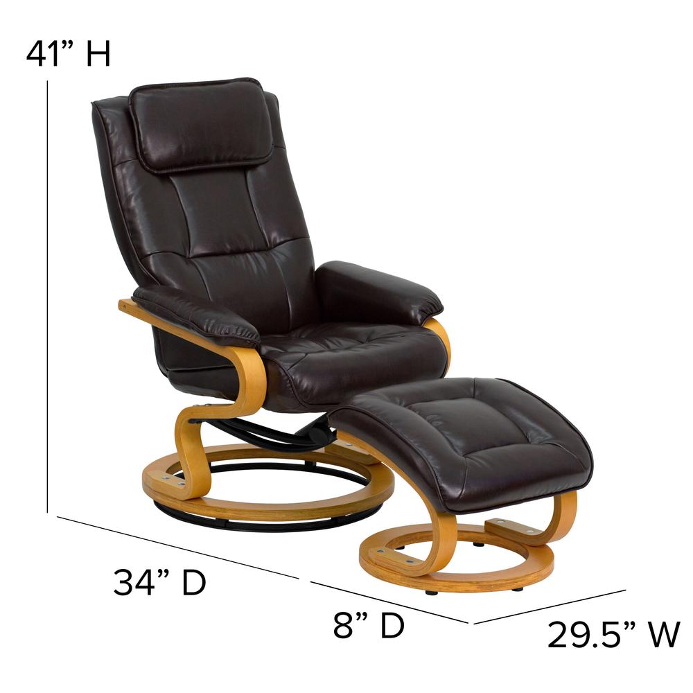 Contemporary Adjustable Recliner and Ottoman with Swivel Maple Wood Base in Brown LeatherSoft. Picture 2