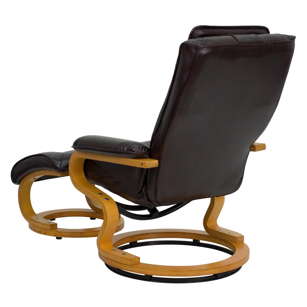Contemporary Adjustable Recliner and Ottoman with Swivel Maple Wood Base in Brown LeatherSoft. Picture 4