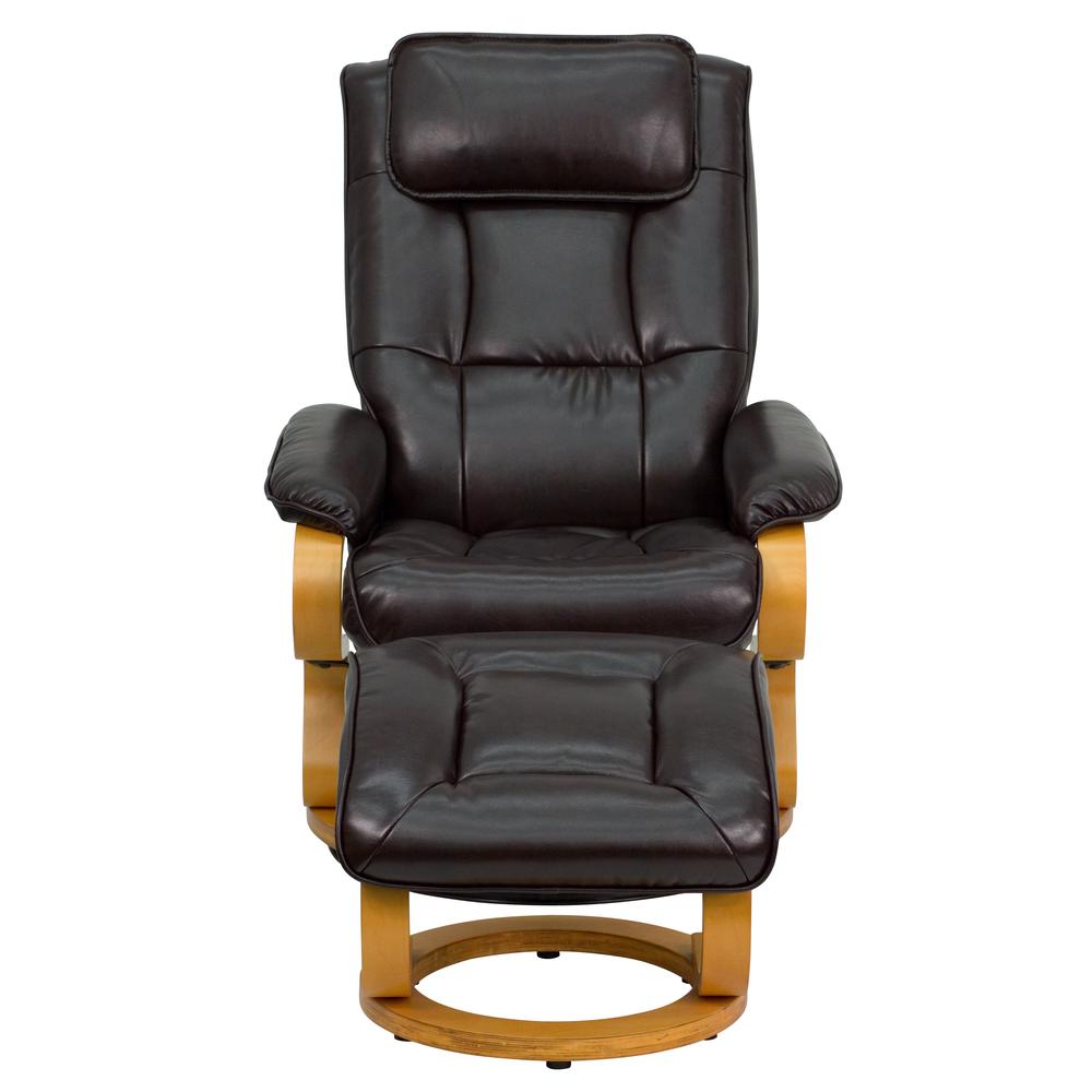Contemporary Adjustable Recliner and Ottoman with Swivel Maple Wood Base in Brown LeatherSoft. Picture 5