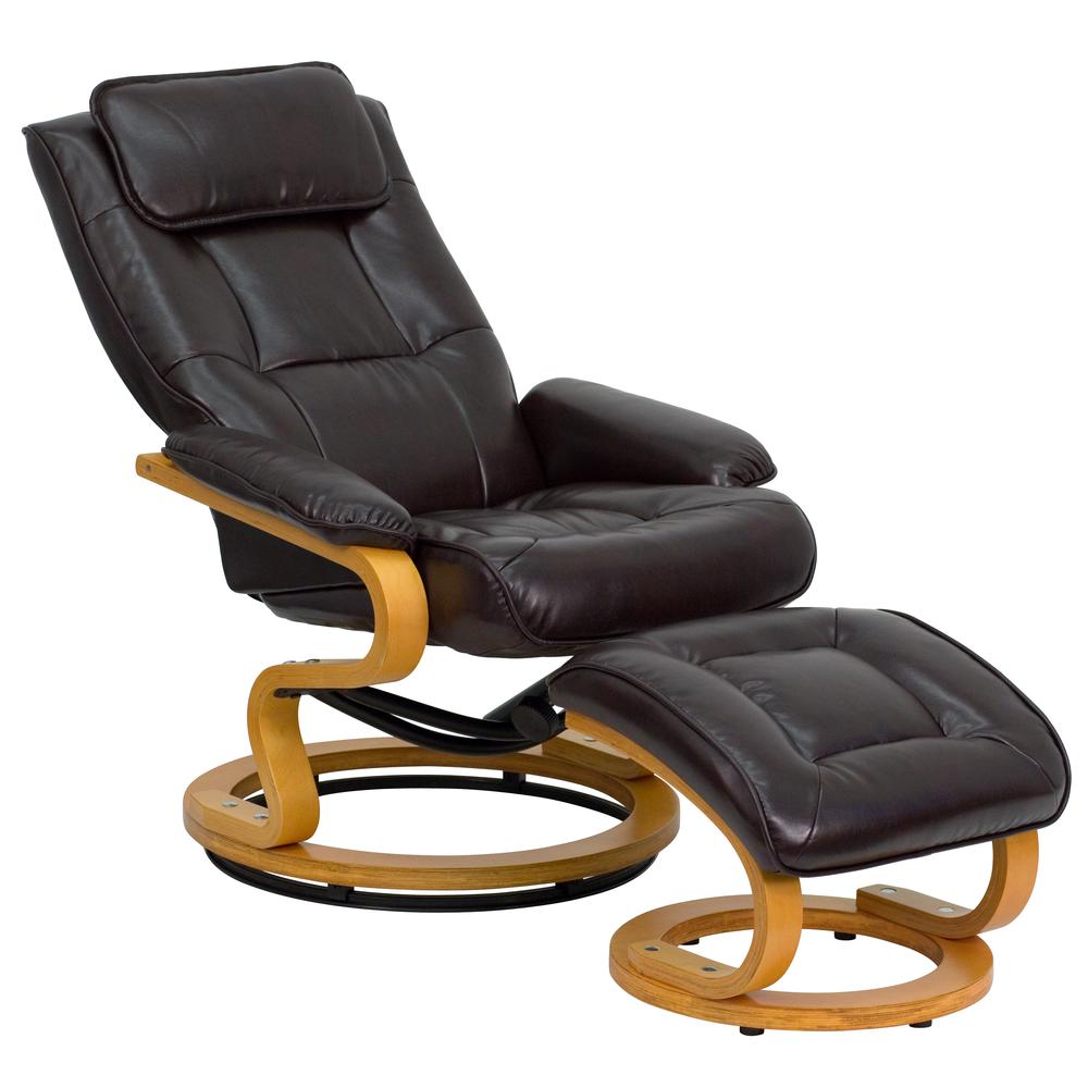 Contemporary Adjustable Recliner and Ottoman with Swivel Maple Wood Base in Brown LeatherSoft. Picture 6