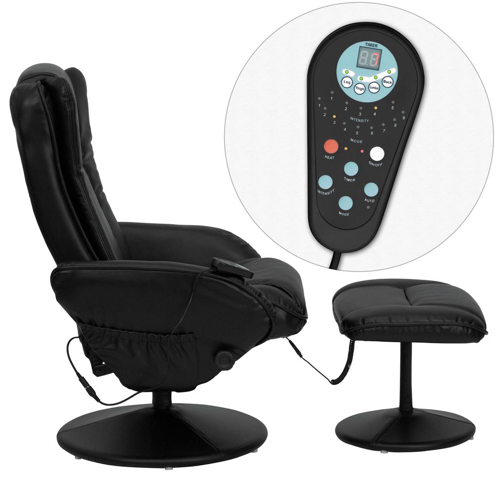 Massaging Multi-Position Plush Recliner with Side Pocket and Ottoman in Black LeatherSoft. Picture 3