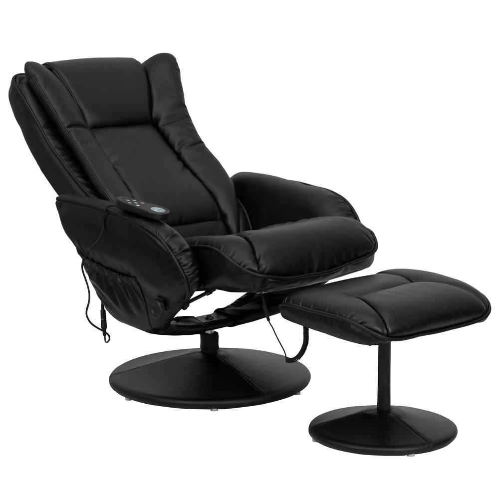 Massaging Multi-Position Plush Recliner with Side Pocket and Ottoman in Black LeatherSoft. Picture 6