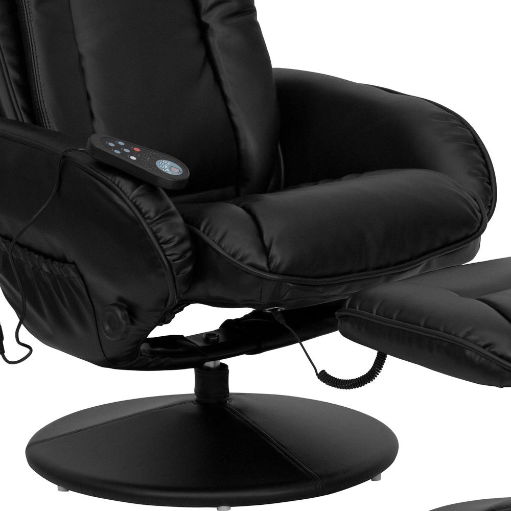 Massaging Multi-Position Plush Recliner with Side Pocket and Ottoman in Black LeatherSoft. Picture 7