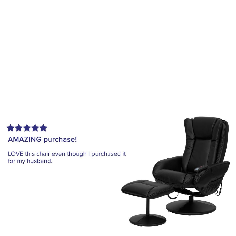 Massaging Multi-Position Plush Recliner with Side Pocket and Ottoman in Black LeatherSoft. Picture 9