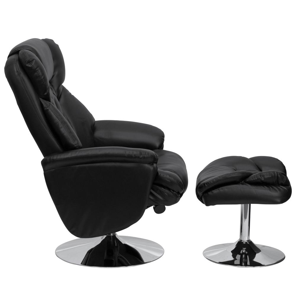 Transitional Multi-Position Recliner and Ottoman with Chrome Base in Black LeatherSoft. Picture 2