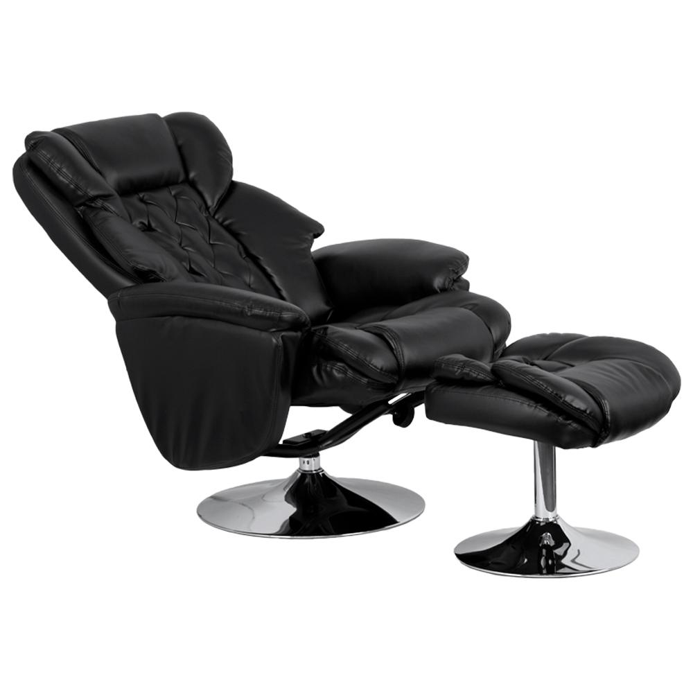 Transitional Multi-Position Recliner and Ottoman with Chrome Base in Black LeatherSoft. Picture 5