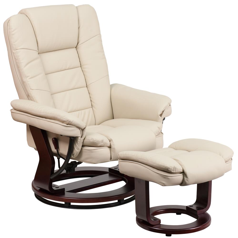 Contemporary Multi-Position Recliner with Horizontal Stitching and Ottoman with Swivel Mahogany Wood Base in Beige LeatherSoft. The main picture.