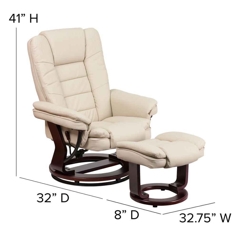Contemporary Multi-Position Recliner with Horizontal Stitching and Ottoman with Swivel Mahogany Wood Base in Beige LeatherSoft. Picture 2