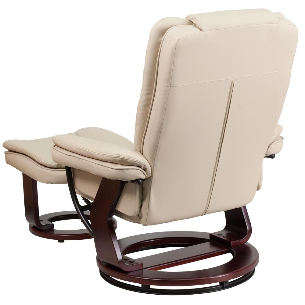 Contemporary Multi-Position Recliner with Horizontal Stitching and Ottoman with Swivel Mahogany Wood Base in Beige LeatherSoft. Picture 3