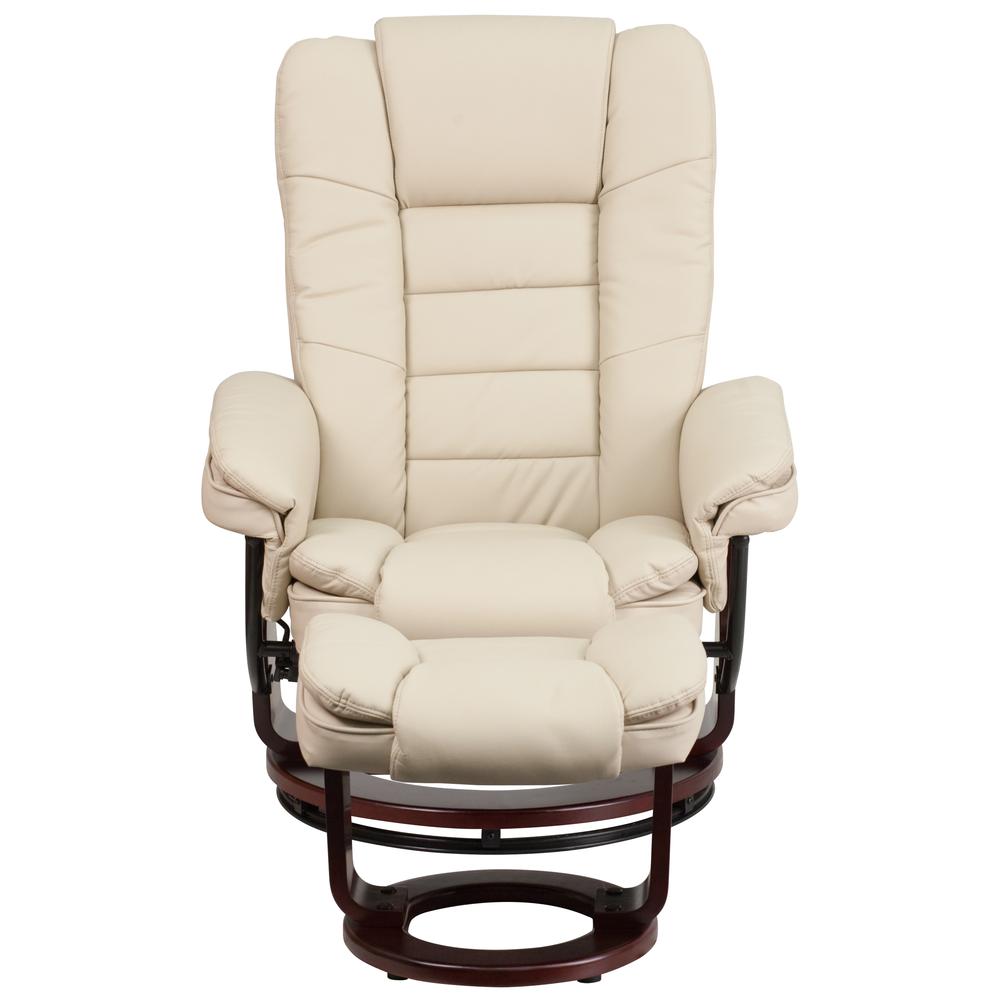 Contemporary Multi-Position Recliner with Horizontal Stitching and Ottoman with Swivel Mahogany Wood Base in Beige LeatherSoft. Picture 4