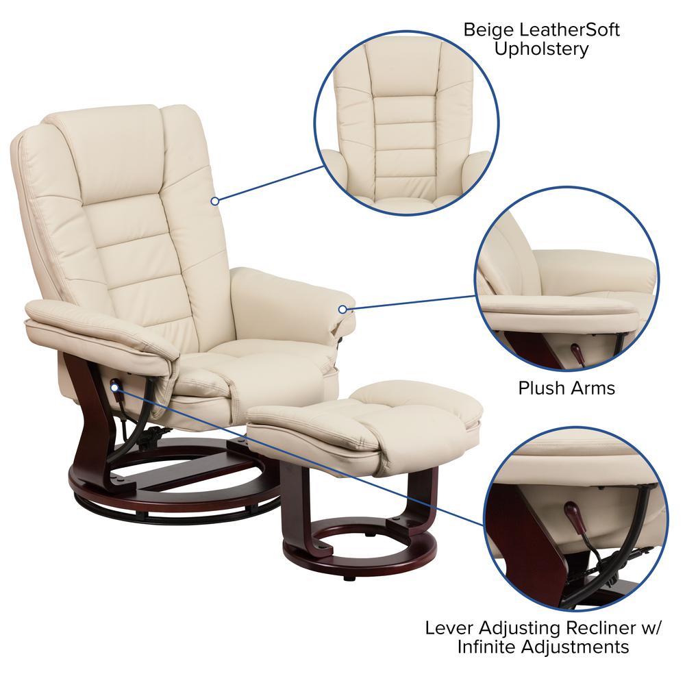Contemporary Multi-Position Recliner with Horizontal Stitching and Ottoman with Swivel Mahogany Wood Base in Beige LeatherSoft. Picture 5