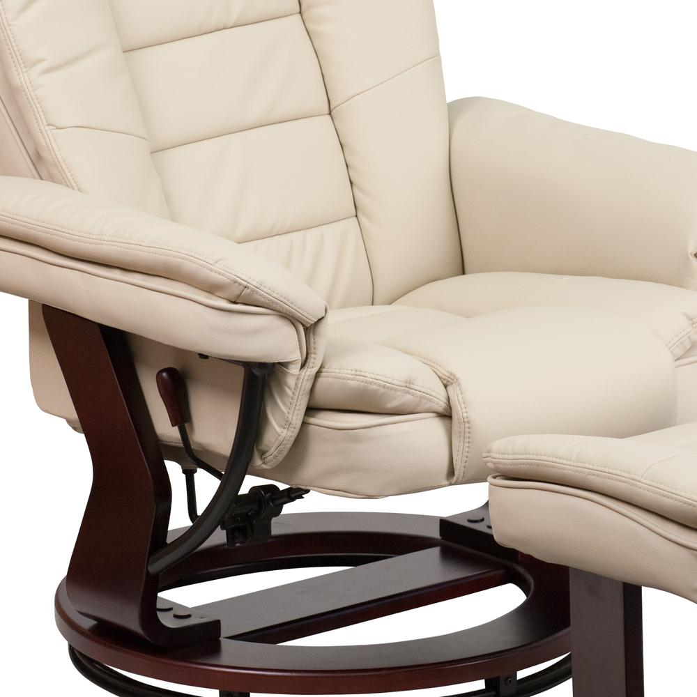 Contemporary Multi-Position Recliner with Horizontal Stitching and Ottoman with Swivel Mahogany Wood Base in Beige LeatherSoft. Picture 7