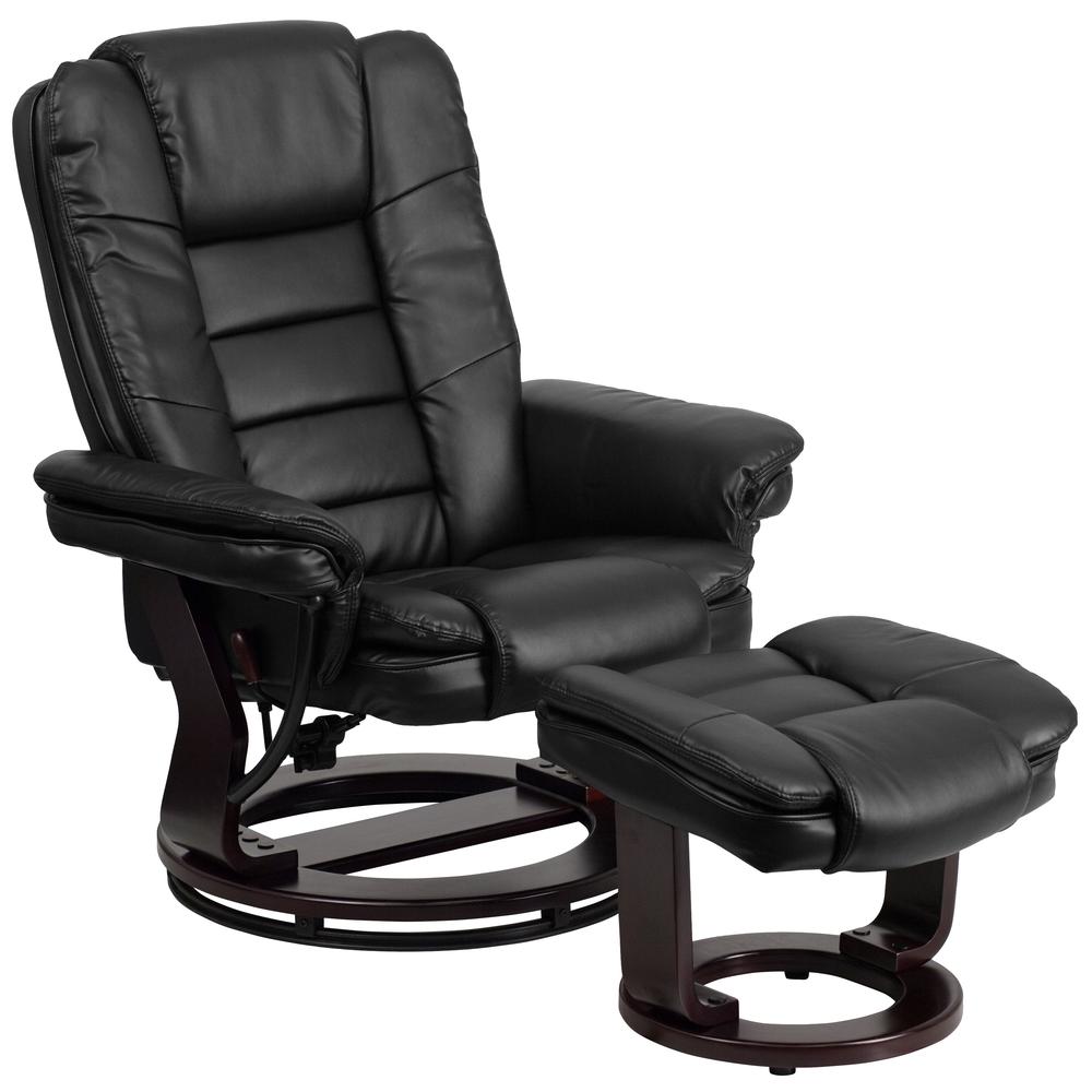 Contemporary Multi-Position Recliner with Horizontal Stitching and Ottoman with Swivel Mahogany Wood Base in Black LeatherSoft. Picture 1
