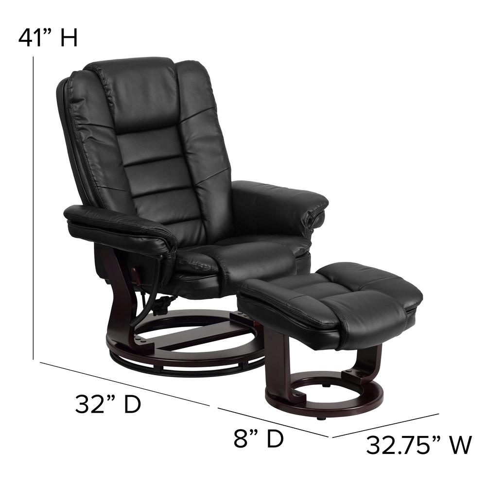 Contemporary Multi-Position Recliner with Horizontal Stitching and Ottoman with Swivel Mahogany Wood Base in Black LeatherSoft. Picture 2