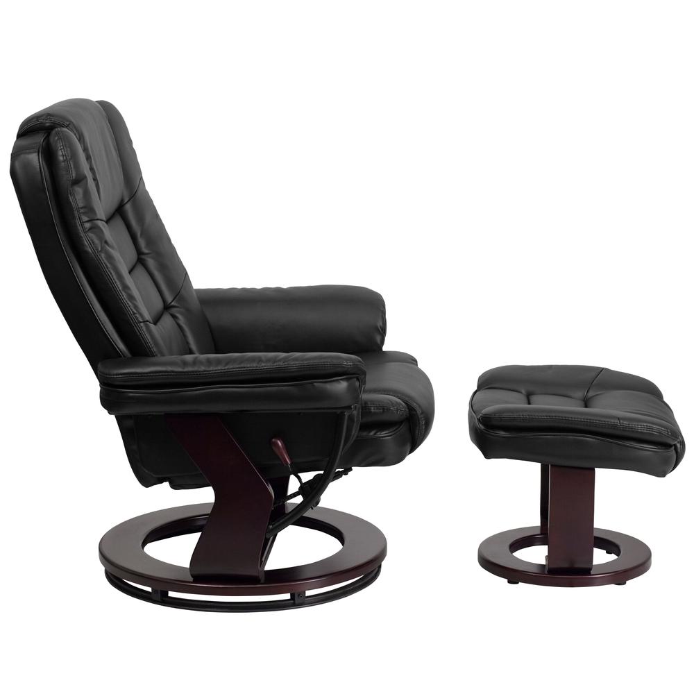 Contemporary Multi-Position Recliner with Horizontal Stitching and Ottoman with Swivel Mahogany Wood Base in Black LeatherSoft. Picture 3