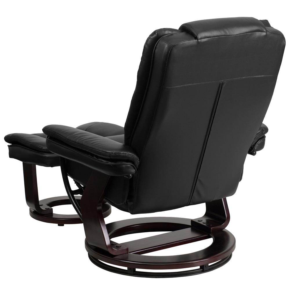 Contemporary Multi-Position Recliner with Horizontal Stitching and Ottoman with Swivel Mahogany Wood Base in Black LeatherSoft. Picture 4
