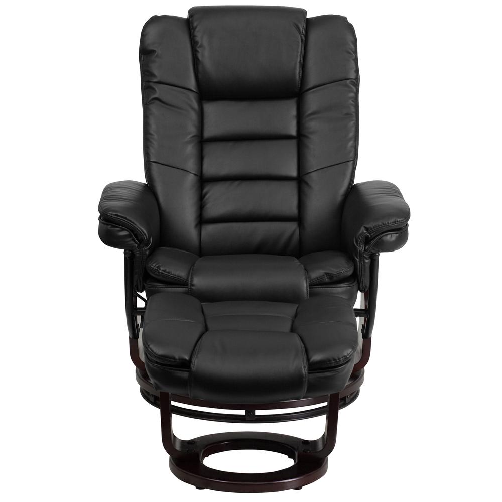 Contemporary Multi-Position Recliner with Horizontal Stitching and Ottoman with Swivel Mahogany Wood Base in Black LeatherSoft. Picture 5