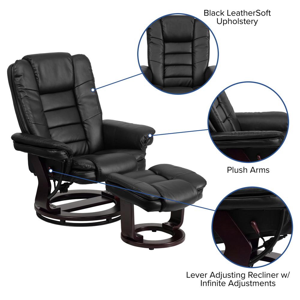 Contemporary Multi-Position Recliner with Horizontal Stitching and Ottoman with Swivel Mahogany Wood Base in Black LeatherSoft. Picture 6