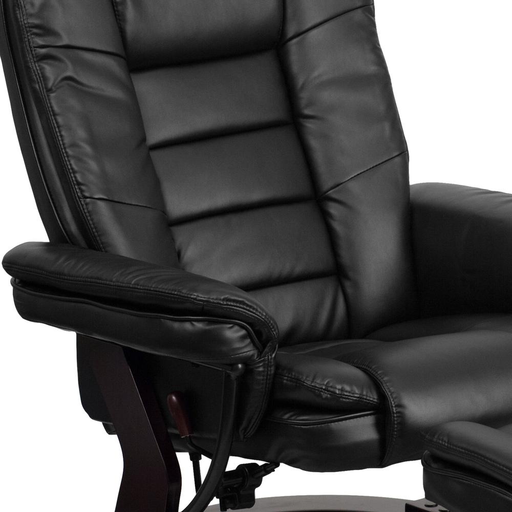 Contemporary Multi-Position Recliner with Horizontal Stitching and Ottoman with Swivel Mahogany Wood Base in Black LeatherSoft. Picture 7