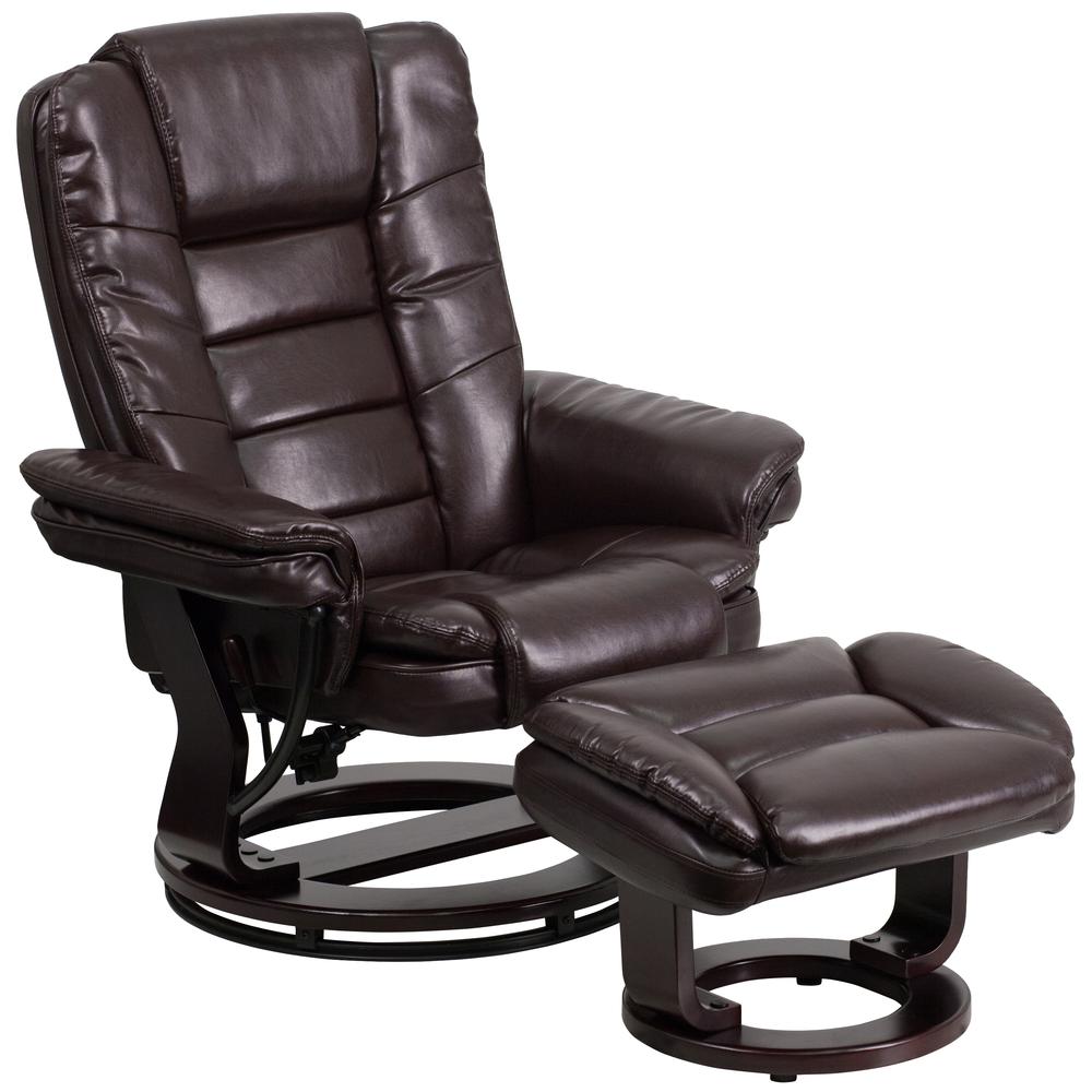 Contemporary Multi-Position Recliner with Horizontal Stitching and Ottoman with Swivel Mahogany Wood Base in Brown LeatherSoft. Picture 1