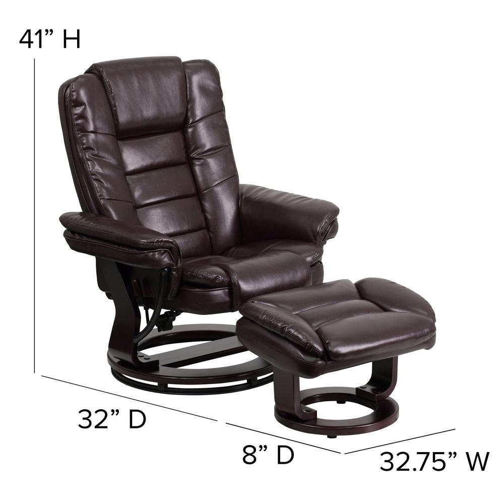 Contemporary Multi-Position Recliner with Horizontal Stitching and Ottoman with Swivel Mahogany Wood Base in Brown LeatherSoft. Picture 2