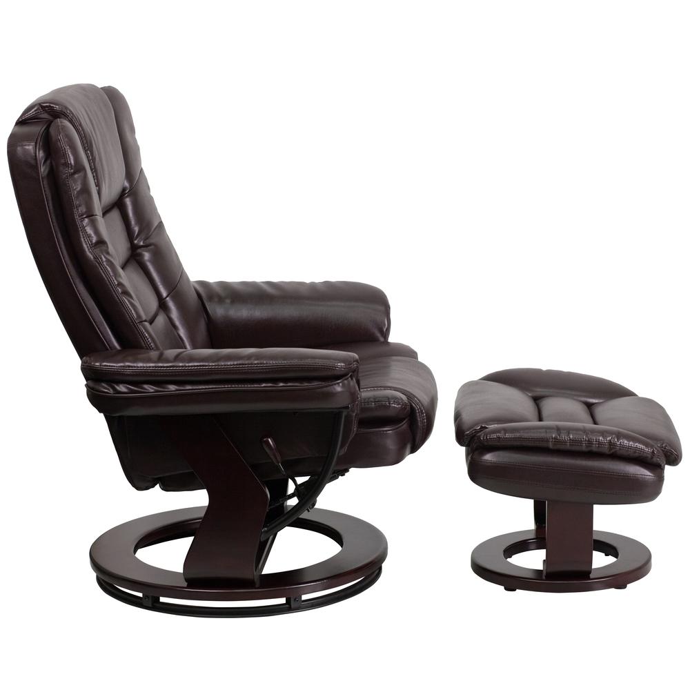Contemporary Multi-Position Recliner with Horizontal Stitching and Ottoman with Swivel Mahogany Wood Base in Brown LeatherSoft. Picture 3