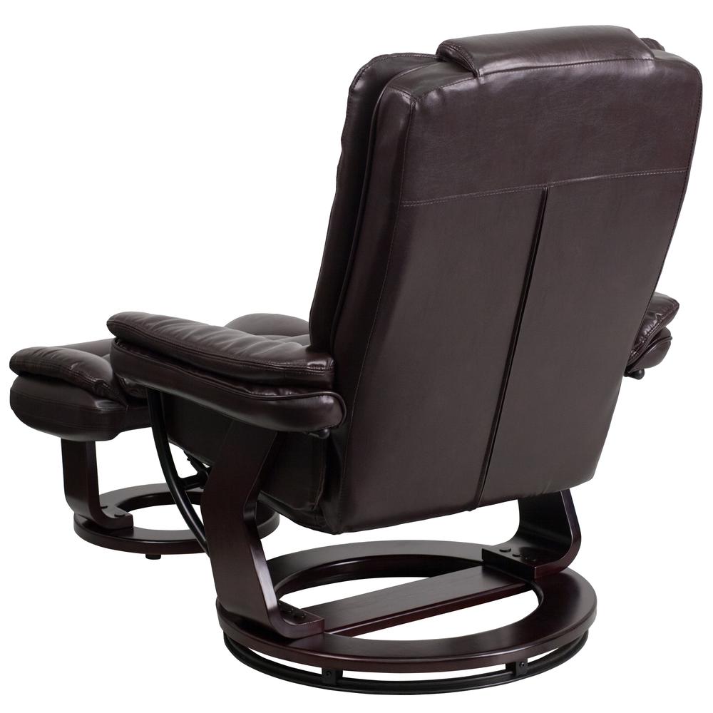 Contemporary Multi-Position Recliner with Horizontal Stitching and Ottoman with Swivel Mahogany Wood Base in Brown LeatherSoft. Picture 4