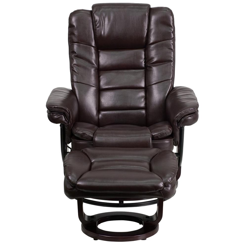 Contemporary Multi-Position Recliner with Horizontal Stitching and Ottoman with Swivel Mahogany Wood Base in Brown LeatherSoft. Picture 5