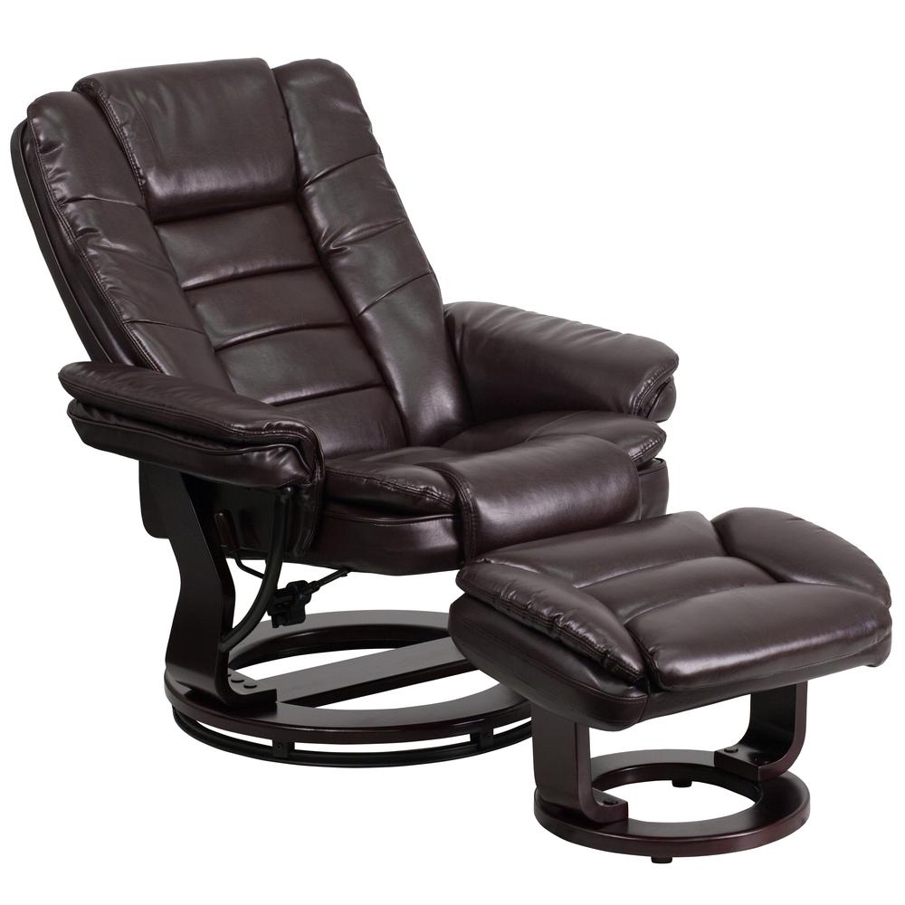 Contemporary Multi-Position Recliner with Horizontal Stitching and Ottoman with Swivel Mahogany Wood Base in Brown LeatherSoft. Picture 6