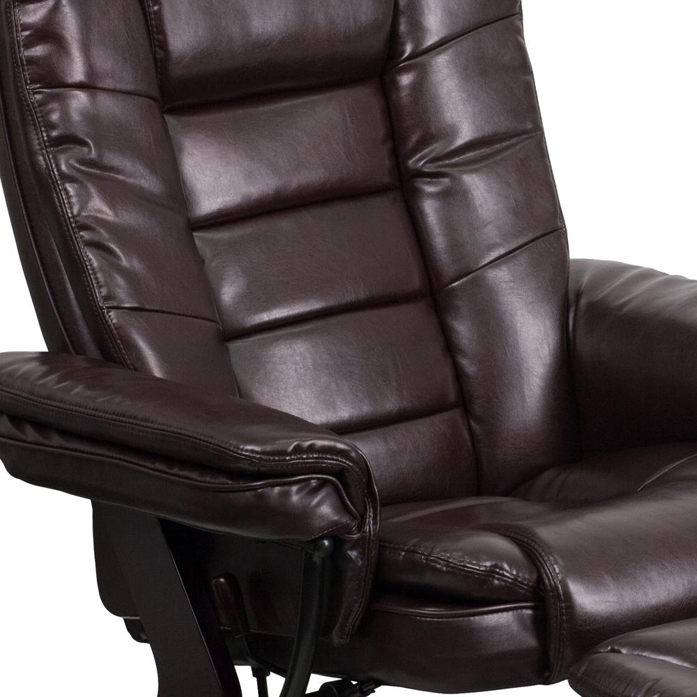 Contemporary Multi-Position Recliner with Horizontal Stitching and Ottoman with Swivel Mahogany Wood Base in Brown LeatherSoft. Picture 8