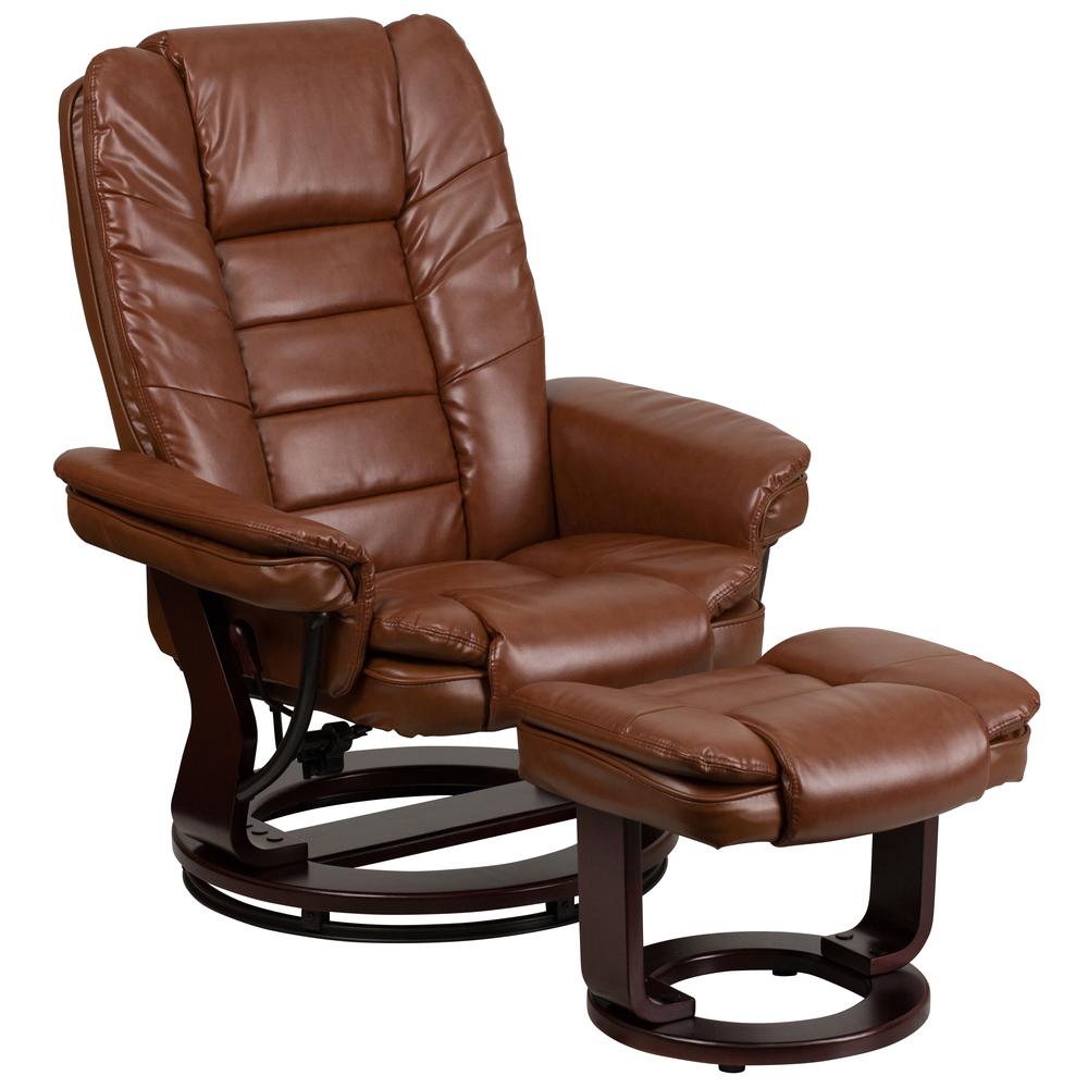 Contemporary Multi-Position Recliner with Horizontal Stitching and Ottoman with Swivel Mahogany Wood Base in Brown Vintage Leather. Picture 1