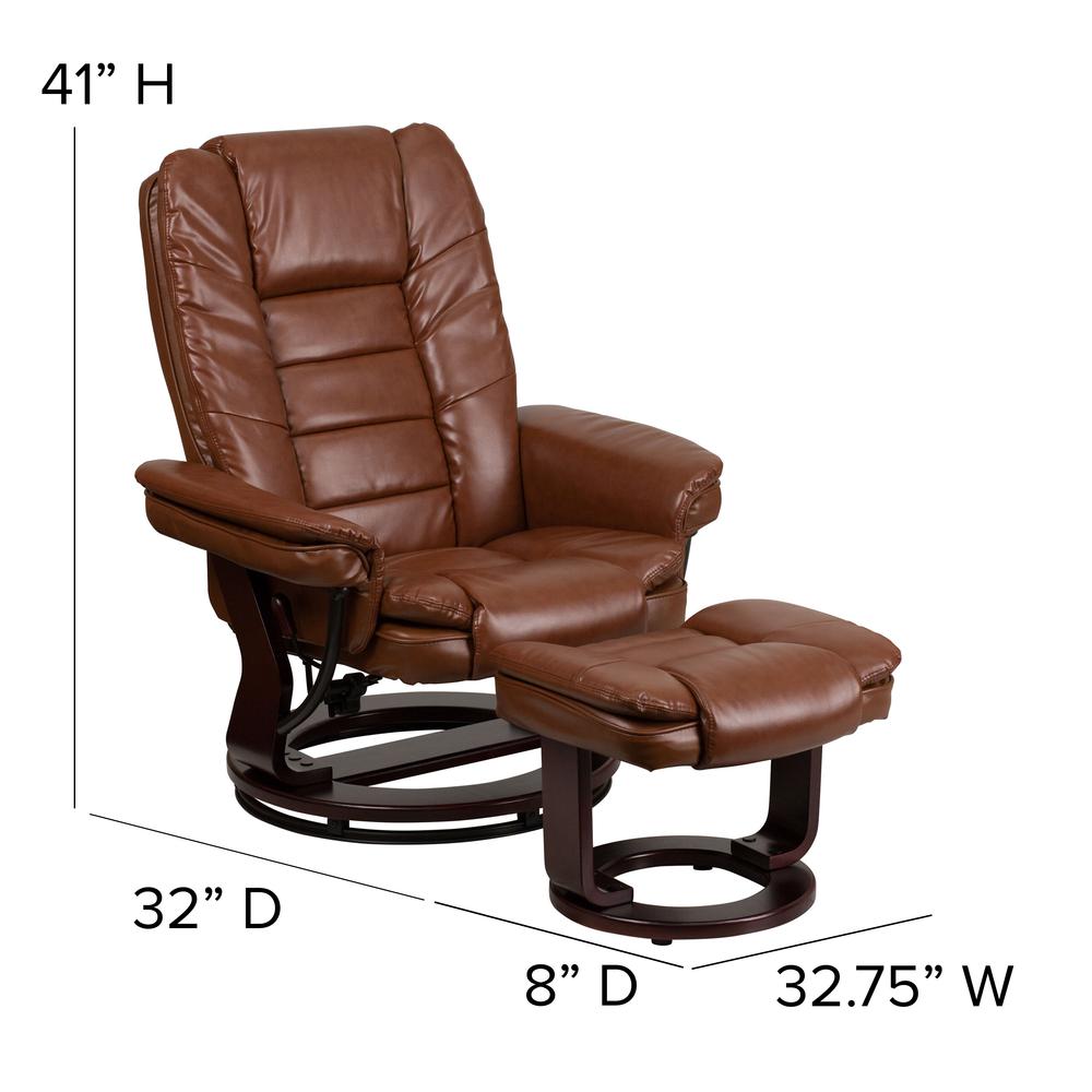 Contemporary Multi-Position Recliner with Horizontal Stitching and Ottoman with Swivel Mahogany Wood Base in Brown Vintage Leather. Picture 2