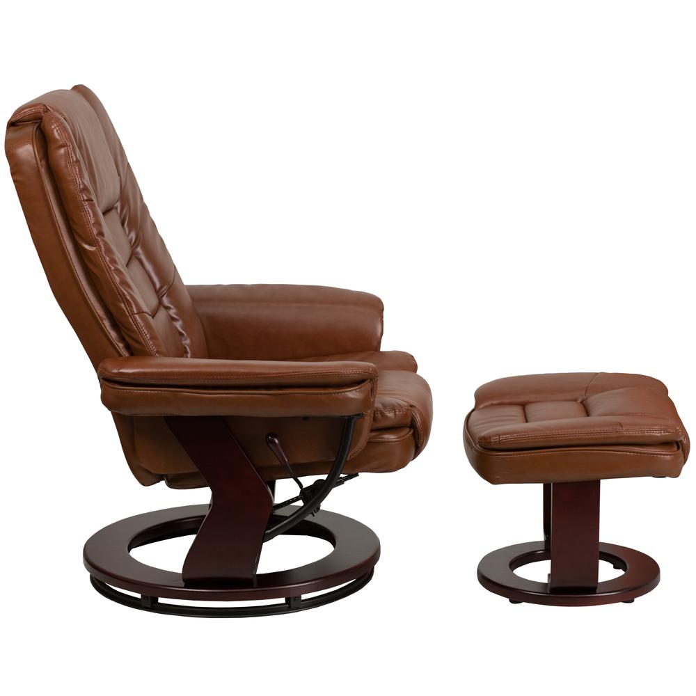 Contemporary Multi-Position Recliner with Horizontal Stitching and Ottoman with Swivel Mahogany Wood Base in Brown Vintage Leather. Picture 3