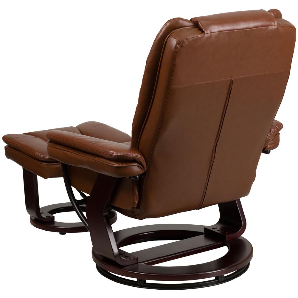 Contemporary Multi-Position Recliner with Horizontal Stitching and Ottoman with Swivel Mahogany Wood Base in Brown Vintage Leather. Picture 4