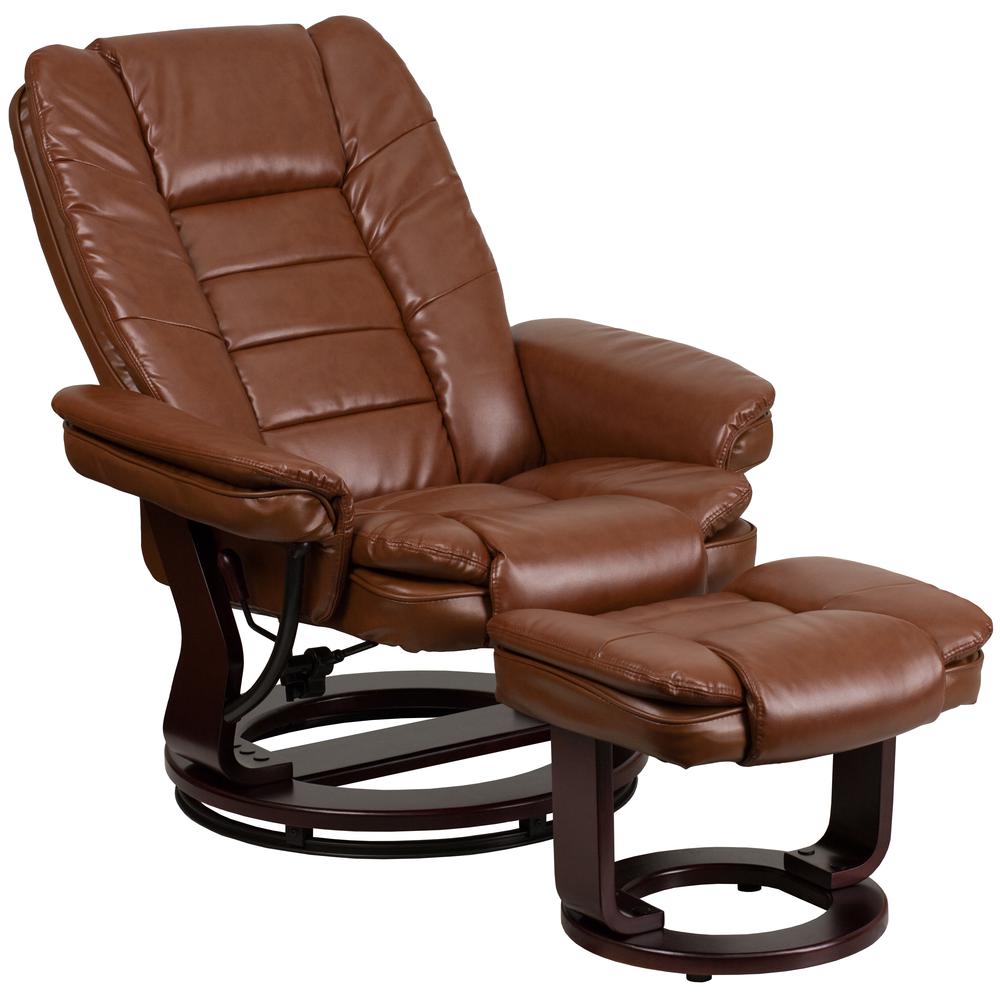 Contemporary Multi-Position Recliner with Horizontal Stitching and Ottoman with Swivel Mahogany Wood Base in Brown Vintage Leather. Picture 6