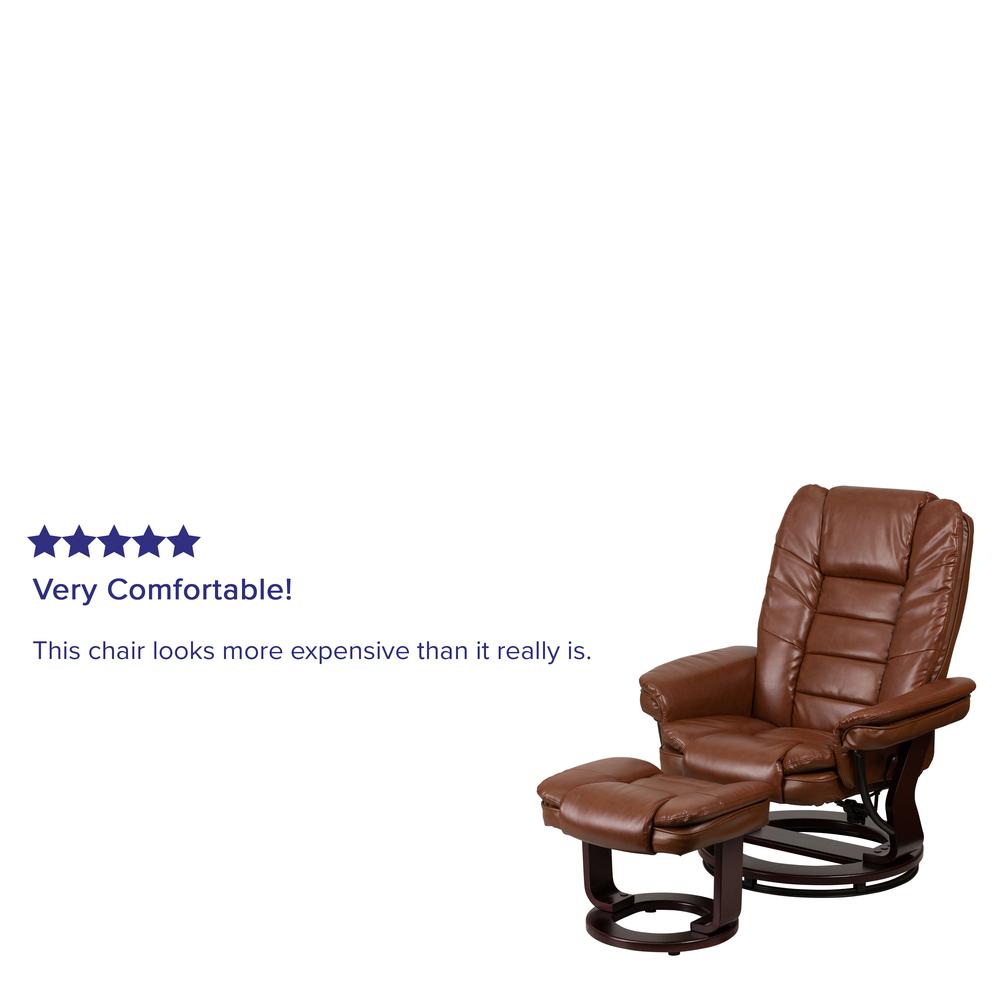 Contemporary Multi-Position Recliner with Horizontal Stitching and Ottoman with Swivel Mahogany Wood Base in Brown Vintage Leather. Picture 7