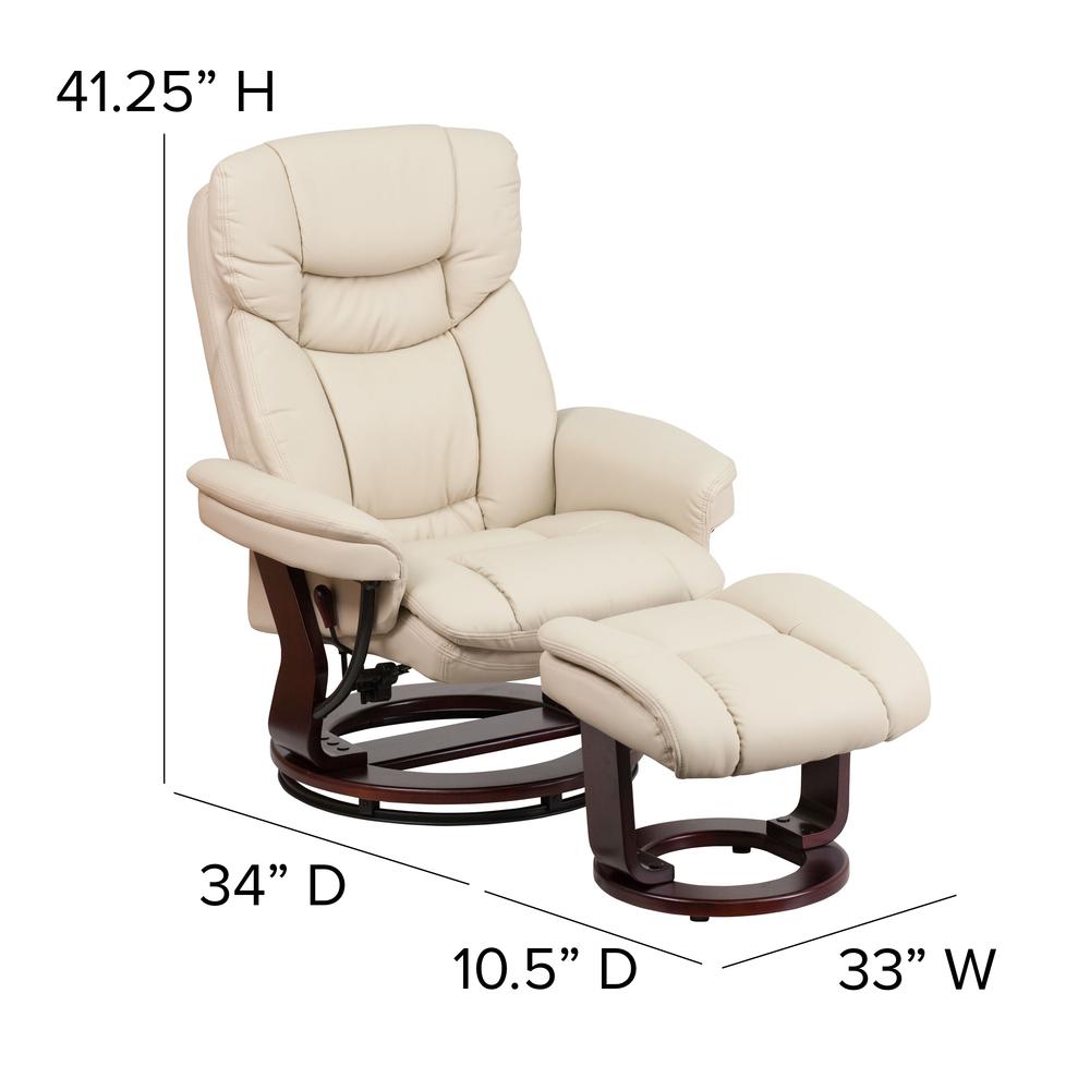 Contemporary Multi-Position Recliner and Curved Ottoman with Swivel Mahogany Wood Base in Beige Leather. Picture 2