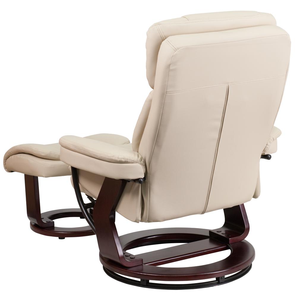 Contemporary Multi-Position Recliner and Curved Ottoman with Swivel Mahogany Wood Base in Beige Leather. Picture 4