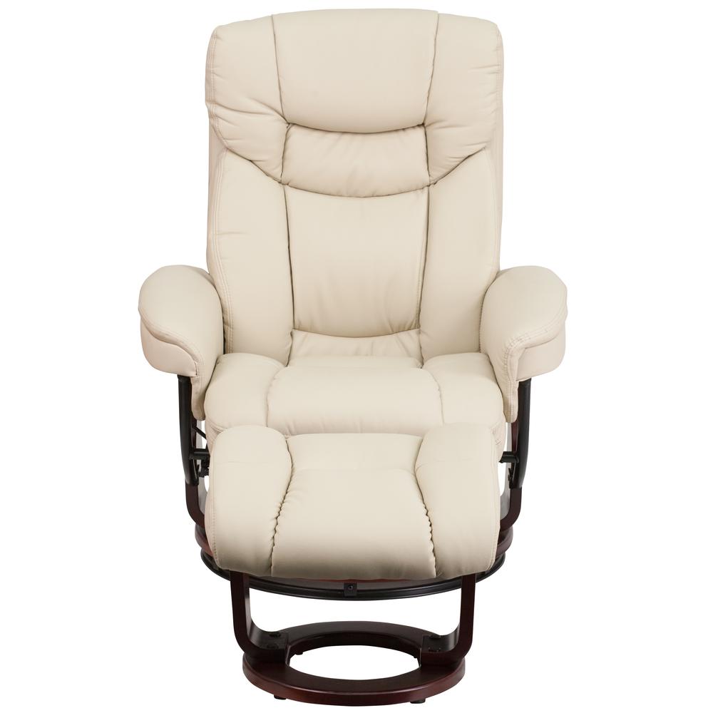 Contemporary Multi-Position Recliner and Curved Ottoman with Swivel Mahogany Wood Base in Beige Leather. Picture 5