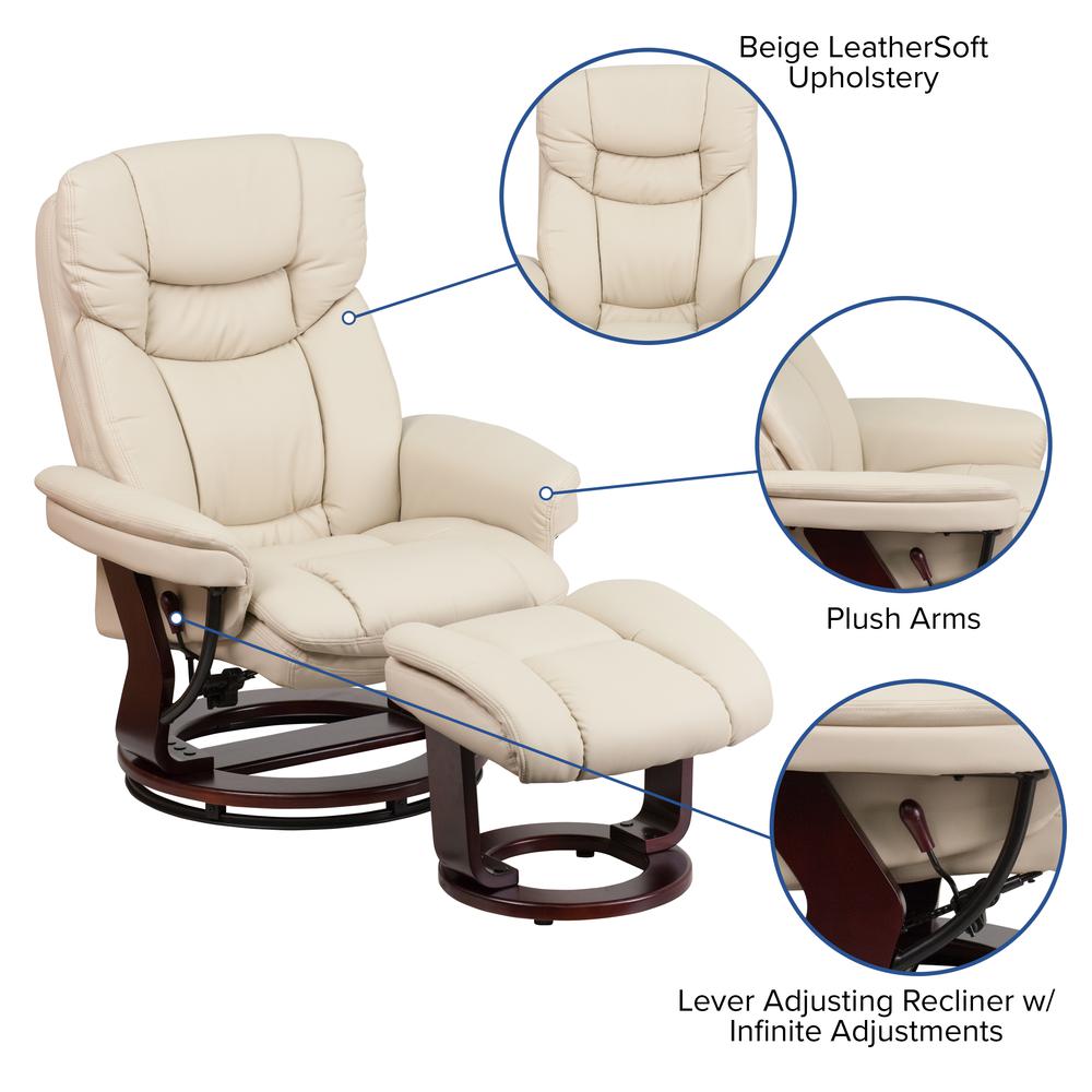 Contemporary Multi-Position Recliner and Curved Ottoman with Swivel Mahogany Wood Base in Beige Leather. Picture 6