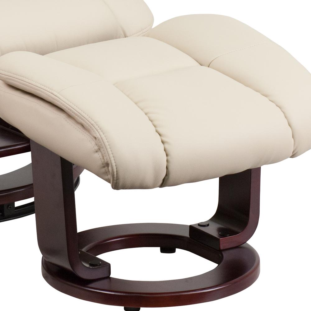 Contemporary Multi-Position Recliner and Curved Ottoman with Swivel Mahogany Wood Base in Beige Leather. Picture 7