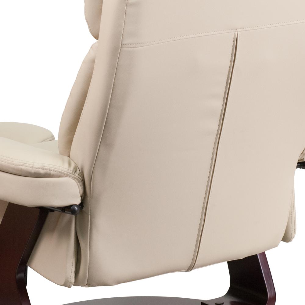 Contemporary Multi-Position Recliner and Curved Ottoman with Swivel Mahogany Wood Base in Beige Leather. Picture 8