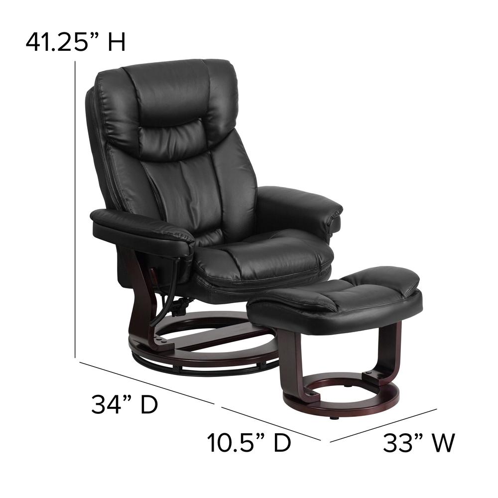 Contemporary Multi-Position Recliner and Curved Ottoman with Swivel Mahogany Wood Base in Black LeatherSoft. Picture 2