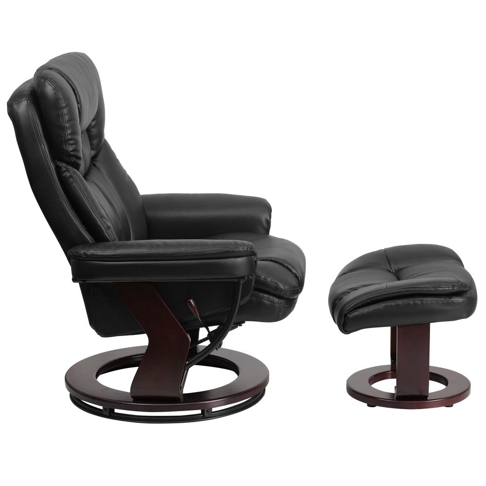 Contemporary Multi-Position Recliner and Curved Ottoman with Swivel Mahogany Wood Base in Black LeatherSoft. Picture 3