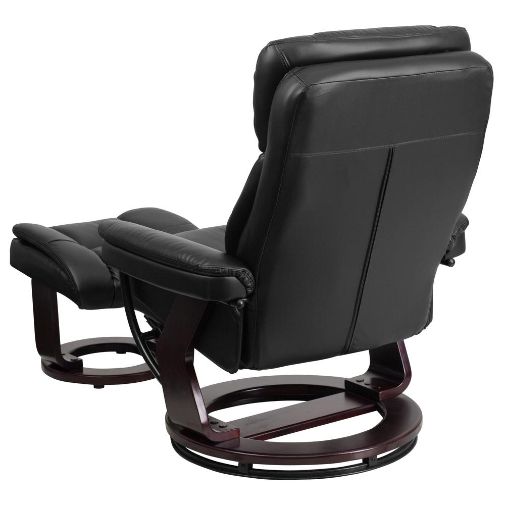 Contemporary Multi-Position Recliner and Curved Ottoman with Swivel Mahogany Wood Base in Black LeatherSoft. Picture 4