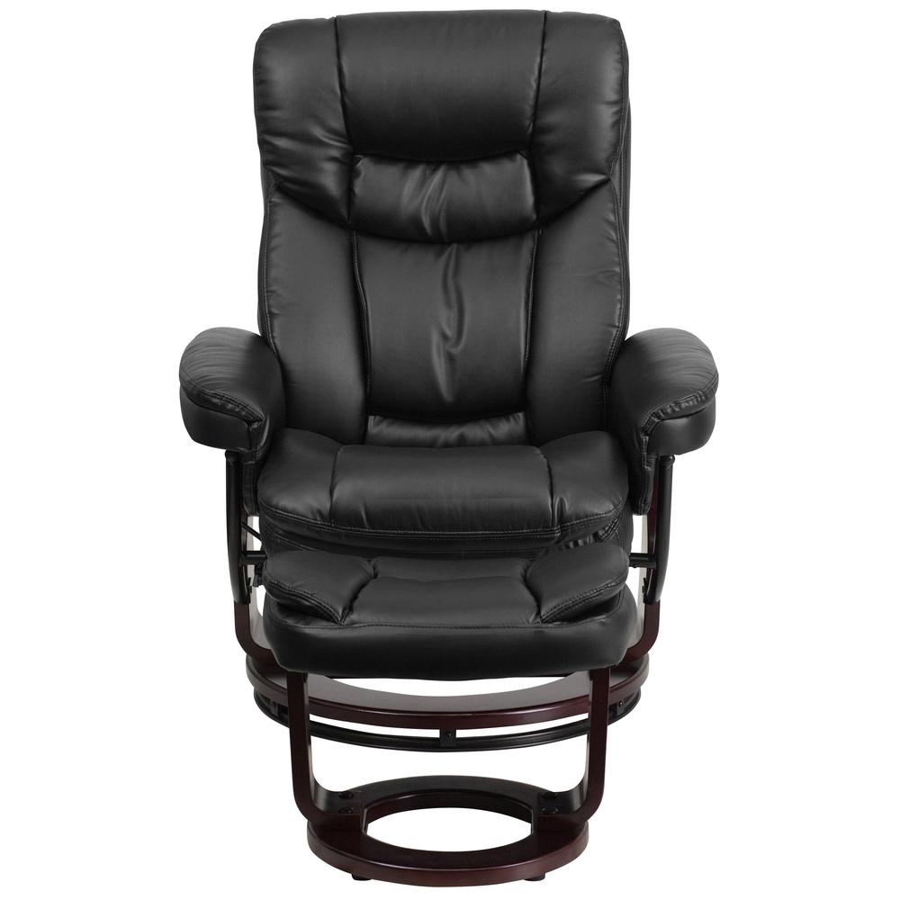Contemporary Multi-Position Recliner and Curved Ottoman with Swivel Mahogany Wood Base in Black LeatherSoft. Picture 5
