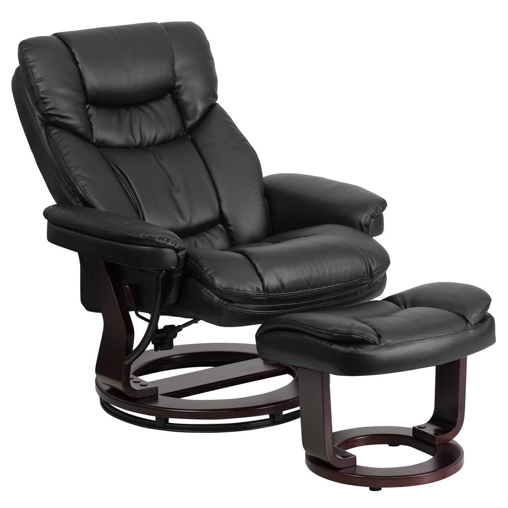 Contemporary Multi-Position Recliner and Curved Ottoman with Swivel Mahogany Wood Base in Black LeatherSoft. Picture 6