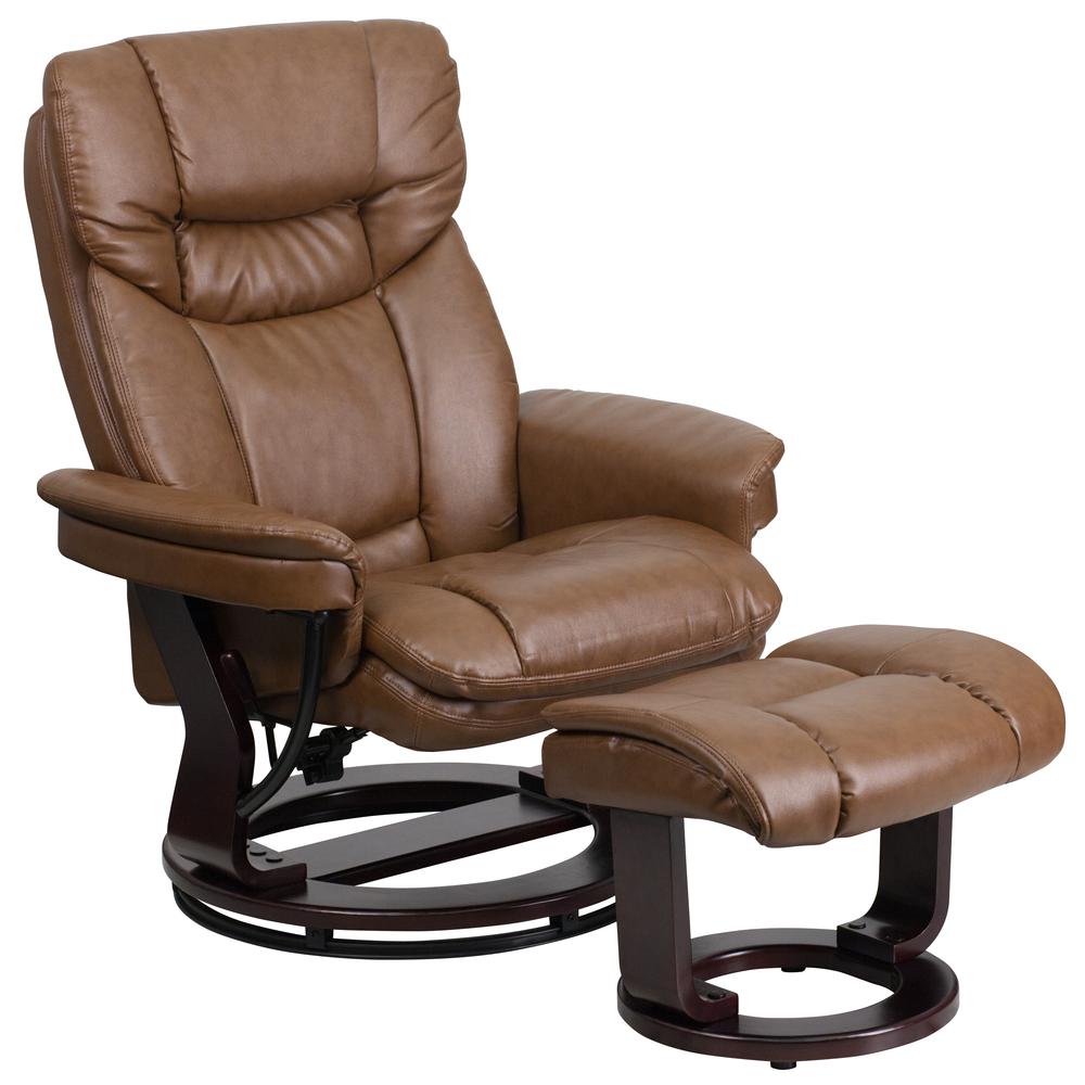 Contemporary Multi-Position Recliner and Curved Ottoman with Swivel Mahogany Wood Base in Palimino LeatherSoft. Picture 1